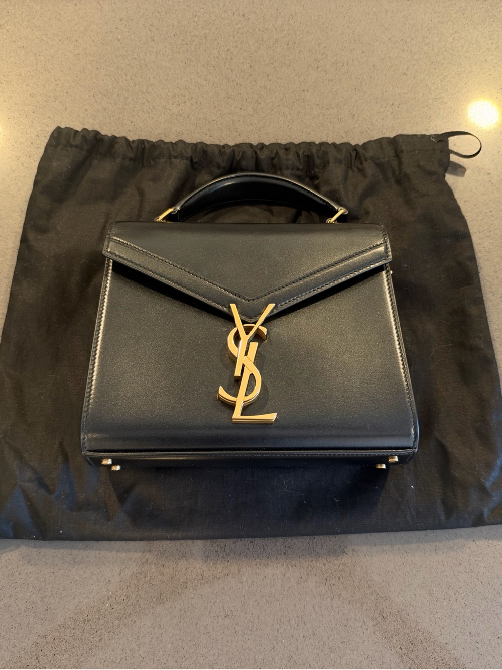 Saint Laurent Black Leather Top Handle Satchel with Gold YSL Hardware